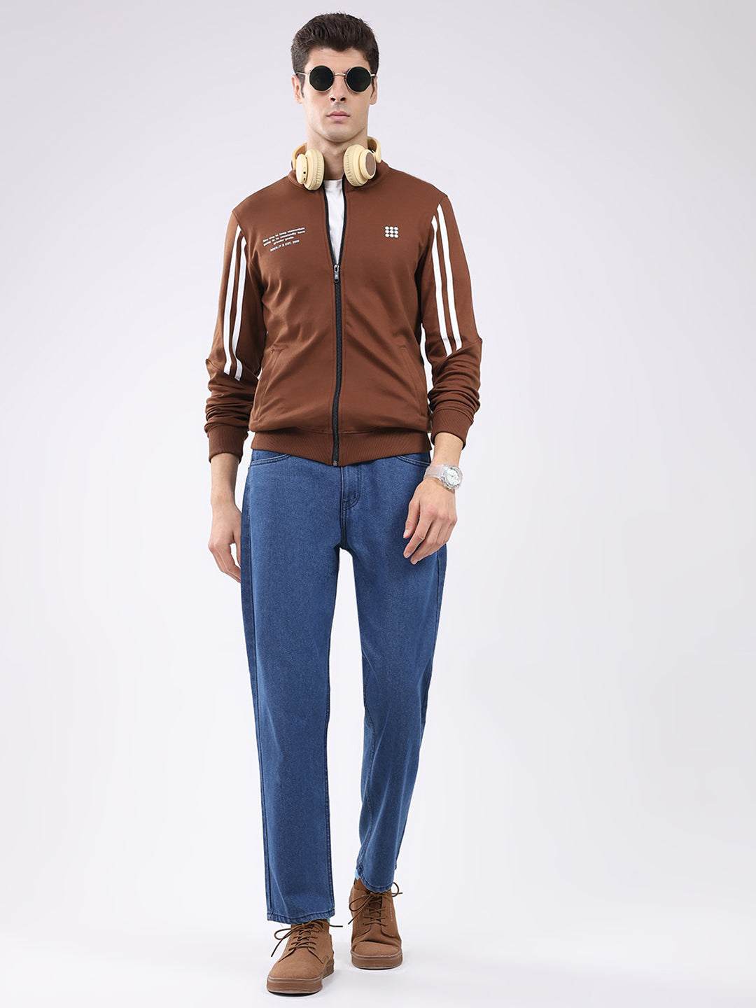 Rock.it Men Brown Printed Mock Neck Full Sleeve Sweatshirt