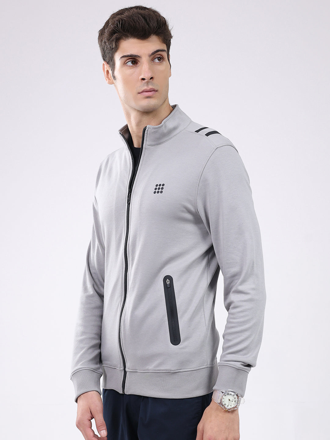 Rock.it Men Grey Solid Mock Neck Full Sleeve Sweatshirt