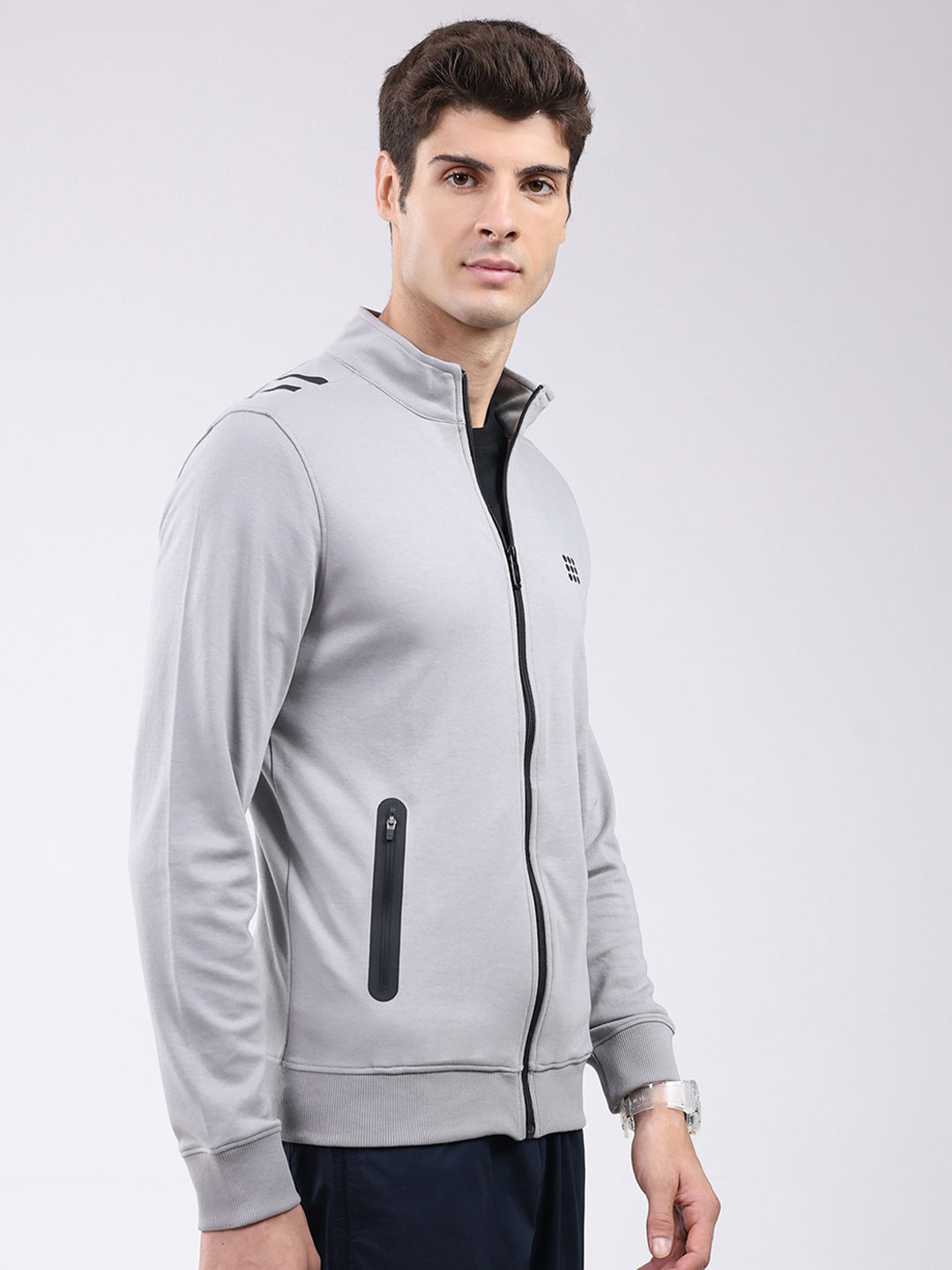Rock.it Men Grey Solid Mock Neck Full Sleeve Sweatshirt