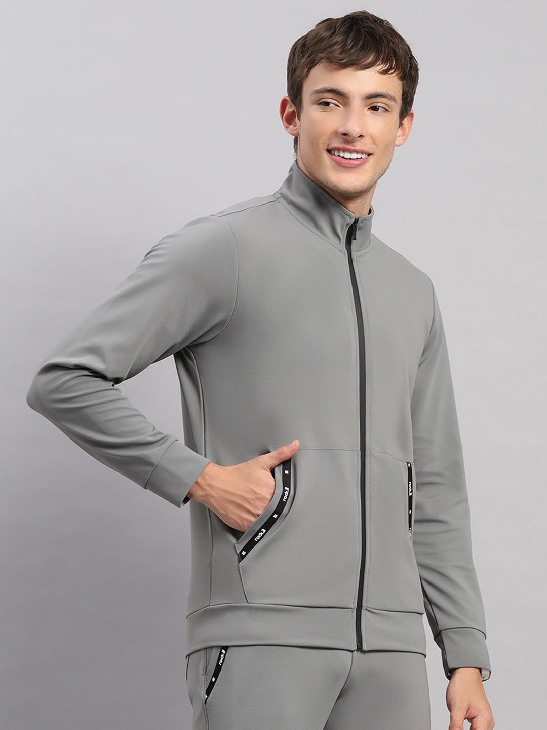 Rock.it Men Grey Self Design Collar Full Sleeve Sweatshirt