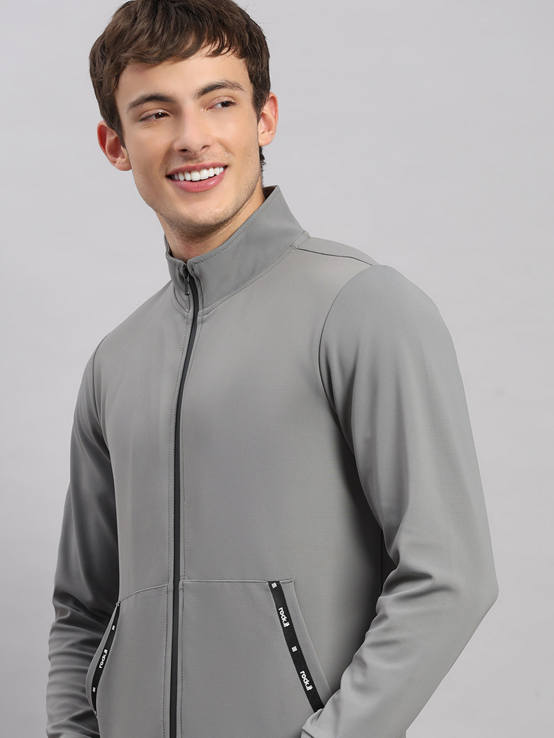 Rock.it Men Grey Self Design Collar Full Sleeve Sweatshirt