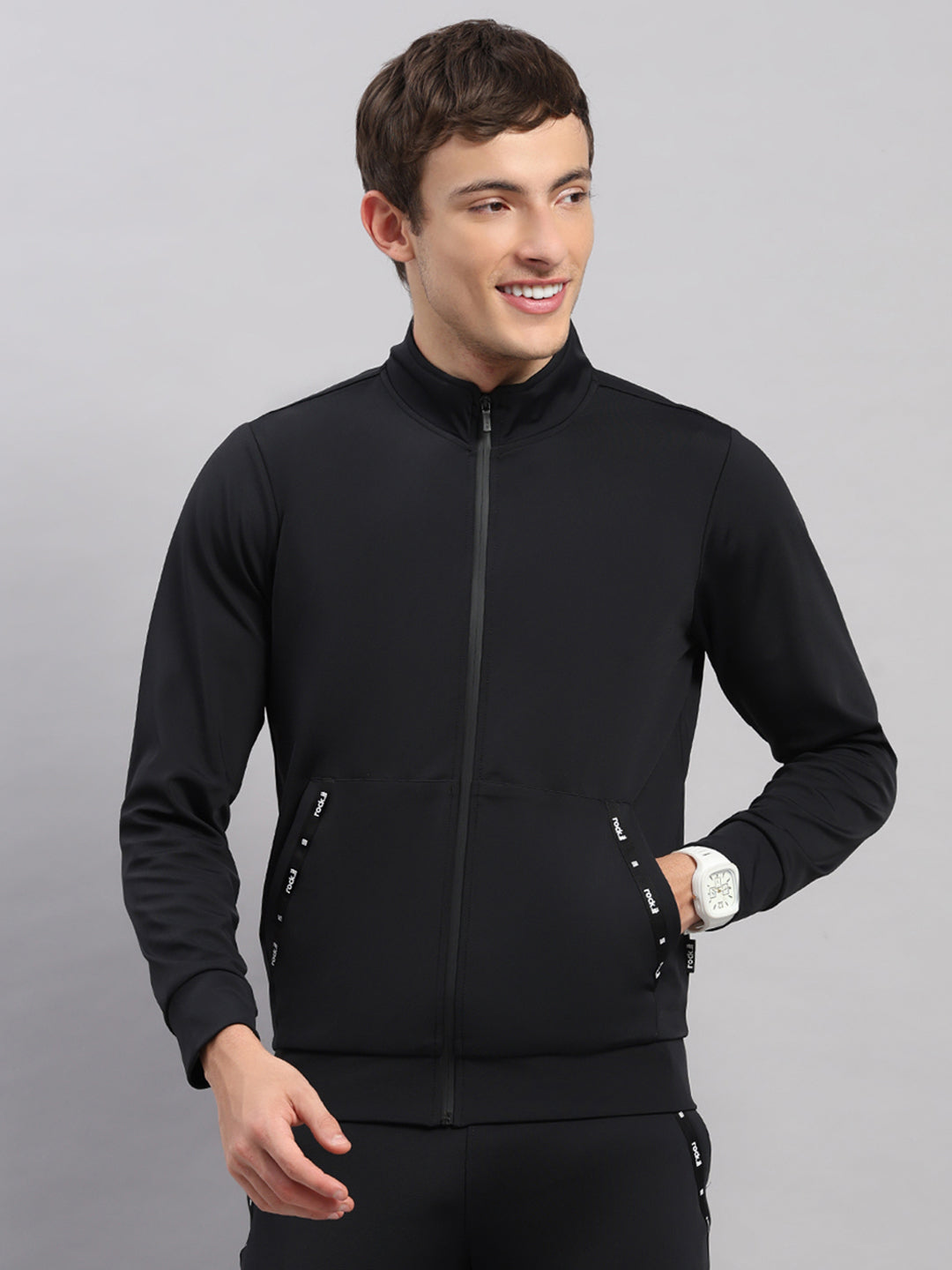 Rock.it Men Black Self Design Collar Full Sleeve Sweatshirt