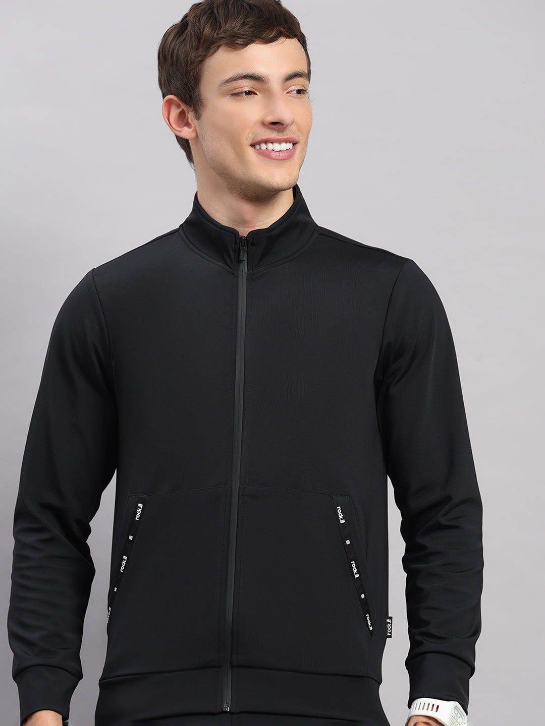 Rock.it Men Black Self Design Collar Full Sleeve Sweatshirt