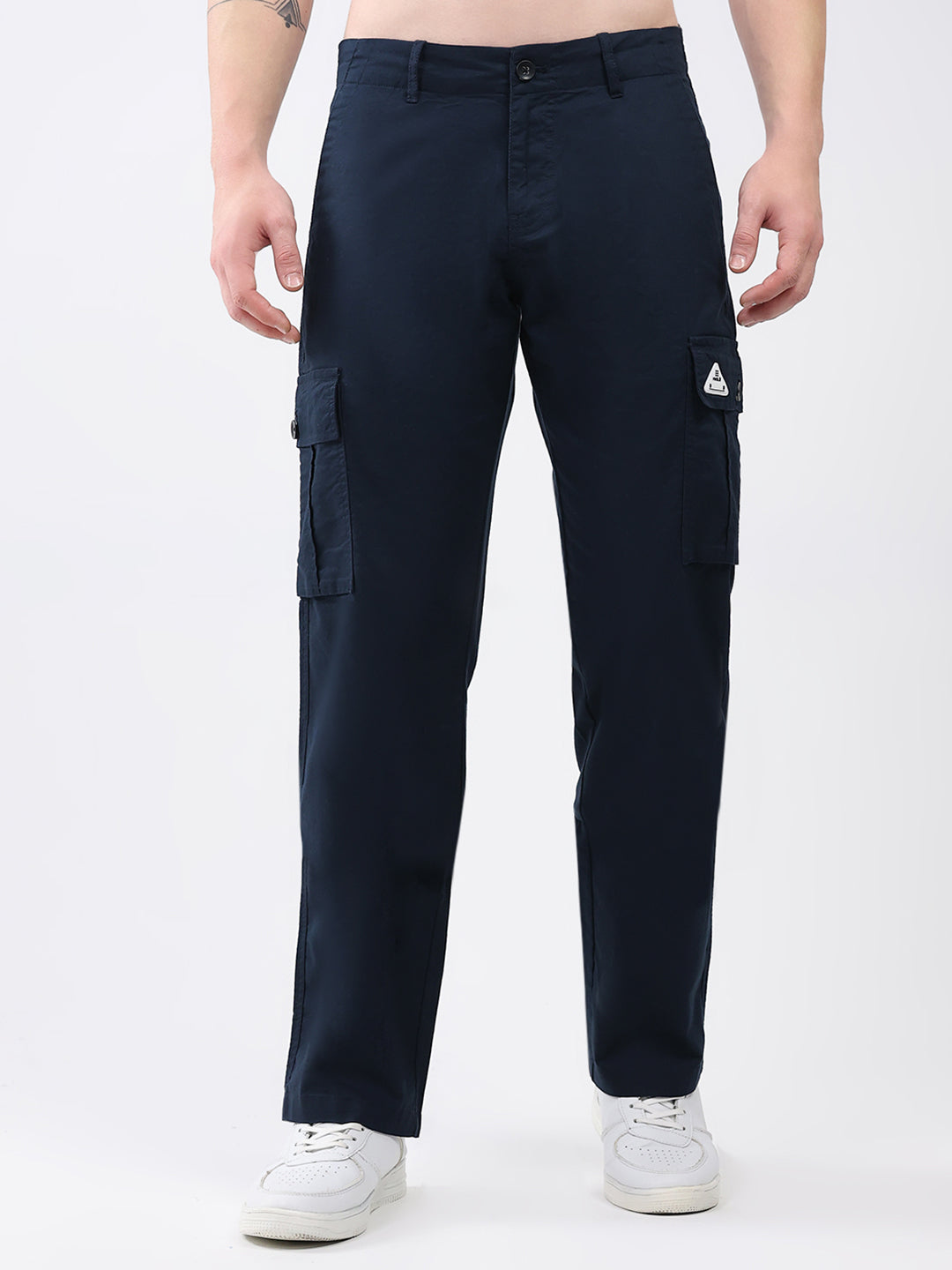 Rock.it Men Navy Blue Solid Straight Fit Cargo