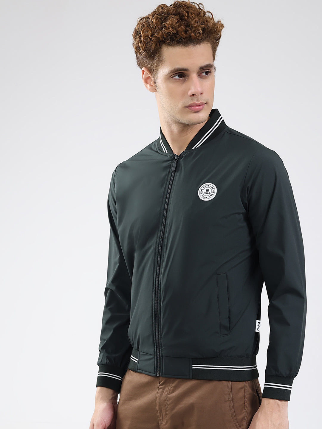 Rock.it Men Olive Solid Band Neck Full Sleeve Jacket