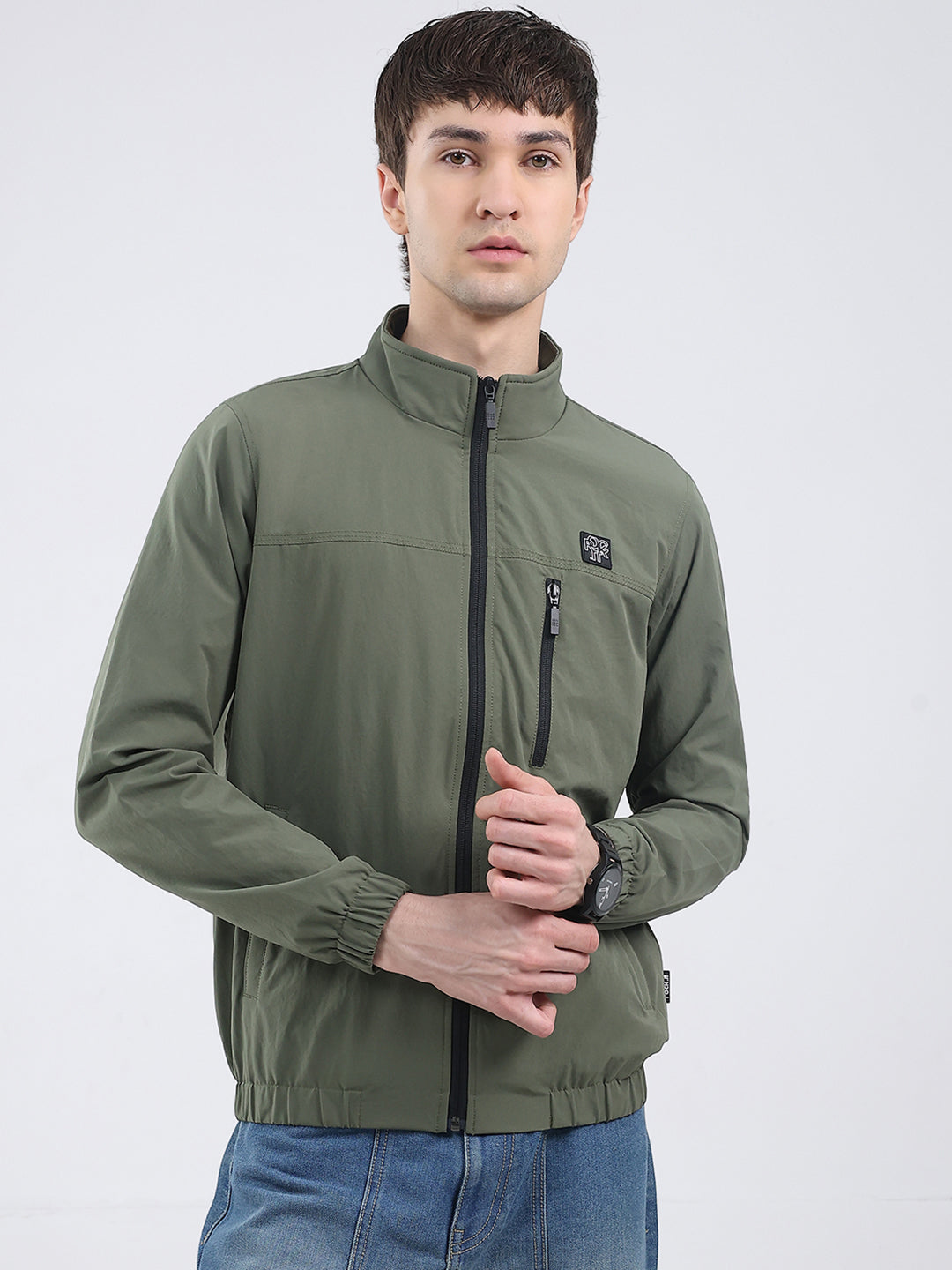 Rock.it Men Green Solid Mock Neck Full Sleeve Jacket