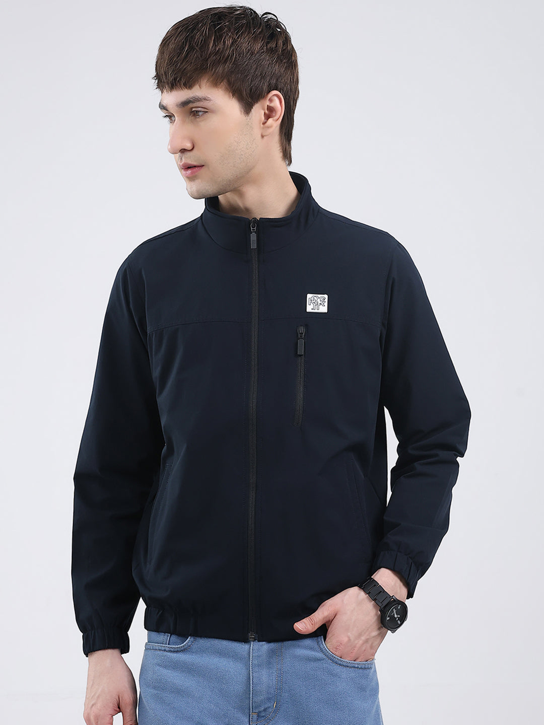 Rock.it Men Navy Blue Solid Mock Neck Full Sleeve Jacket