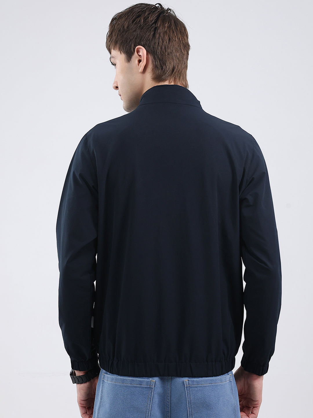 Rock.it Men Navy Blue Solid Mock Neck Full Sleeve Jacket
