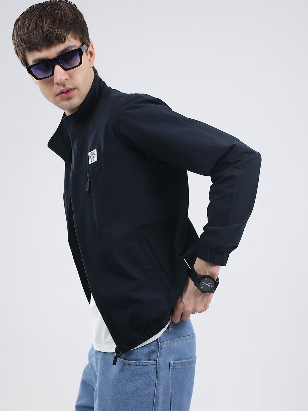 Rock.it Men Navy Blue Solid Mock Neck Full Sleeve Jacket