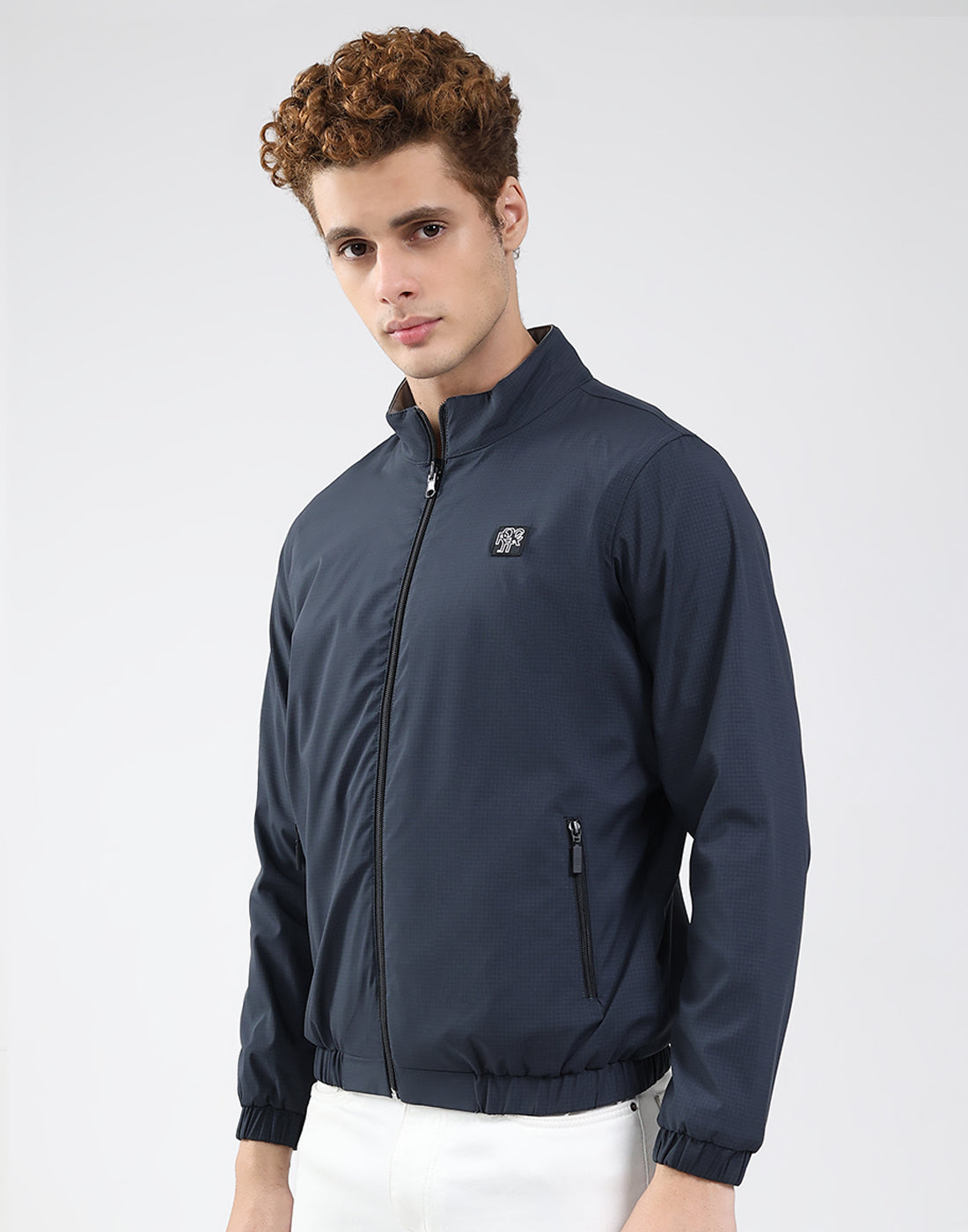 Rock.it Men Navy Blue Solid Mock Neck Full Sleeve Jacket