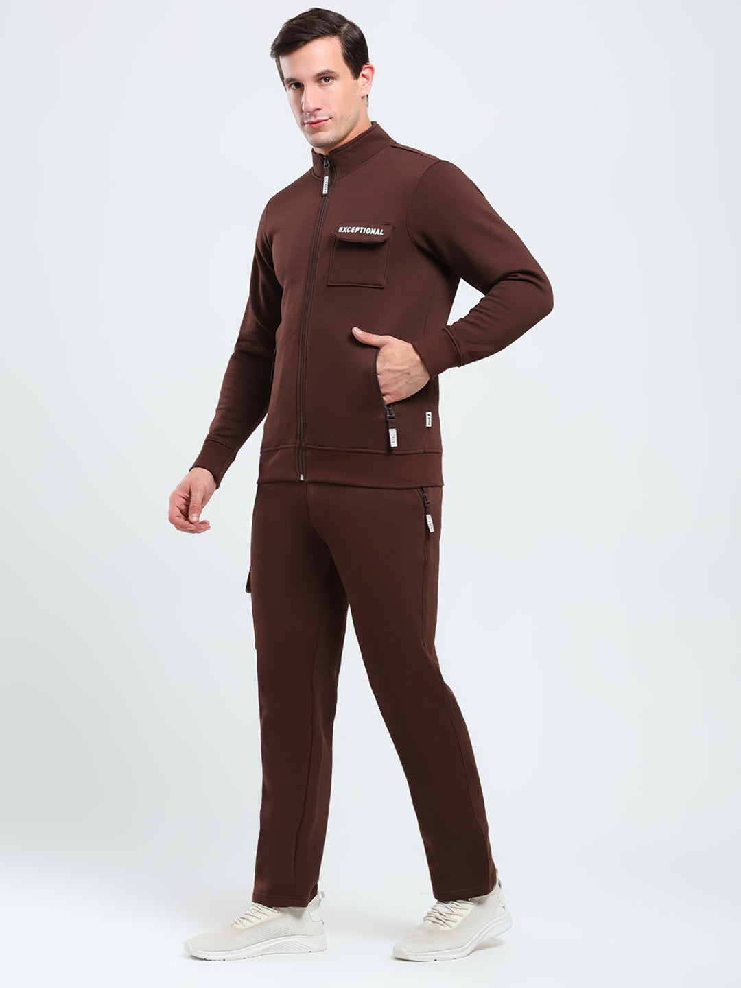Rock.it Men Brown Solid Mock Neck Full Sleeve Winter Tracksuit