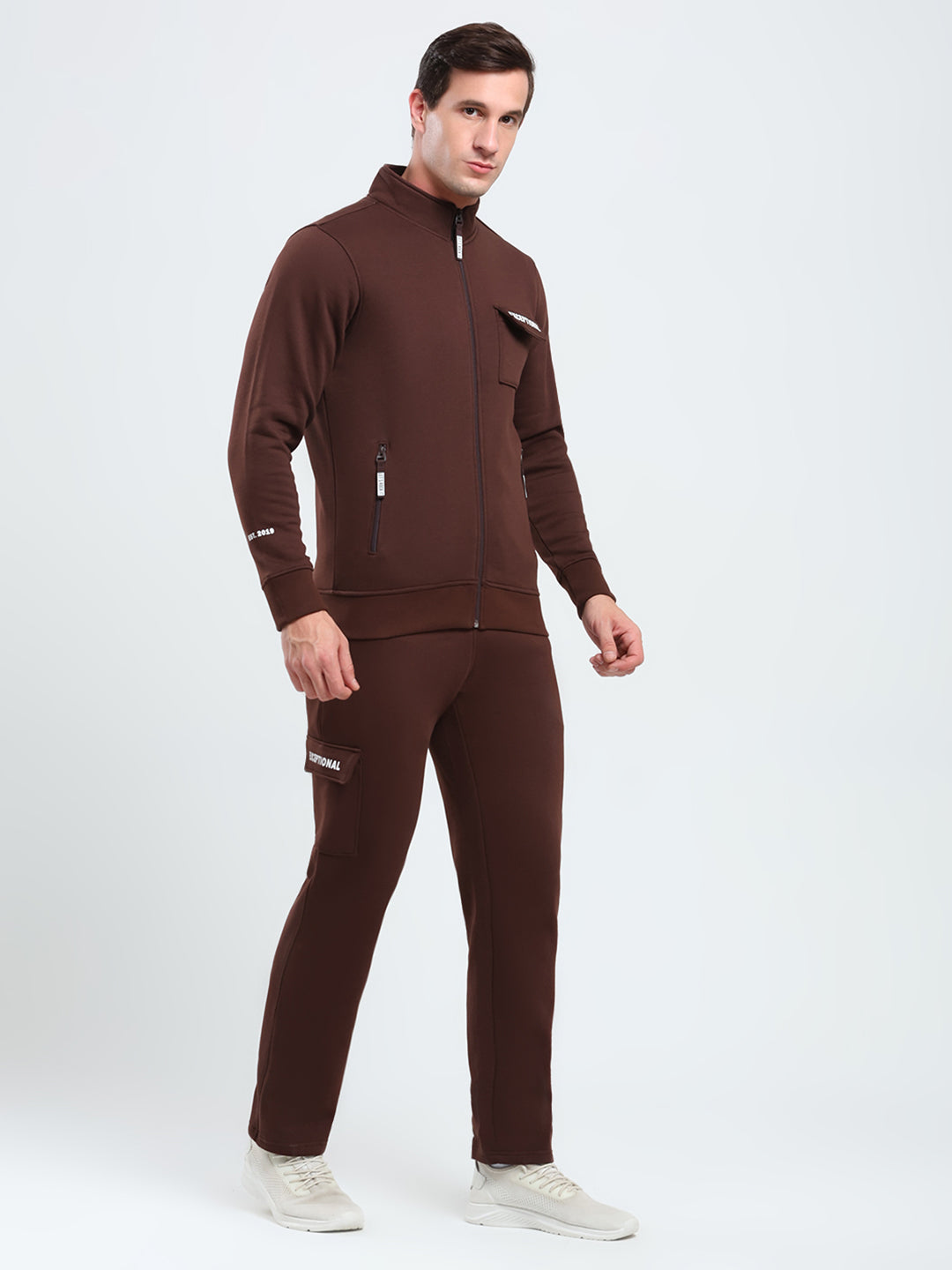 Rock.it Men Brown Solid Mock Neck Full Sleeve Winter Tracksuit