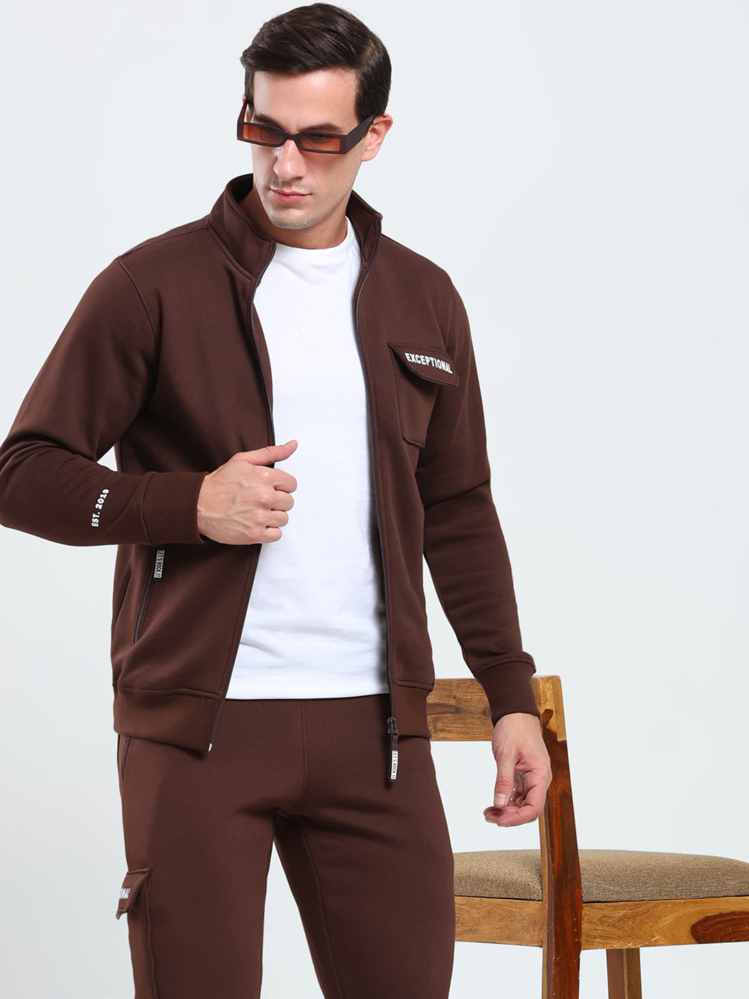 Rock.it Men Brown Solid Mock Neck Full Sleeve Winter Tracksuit