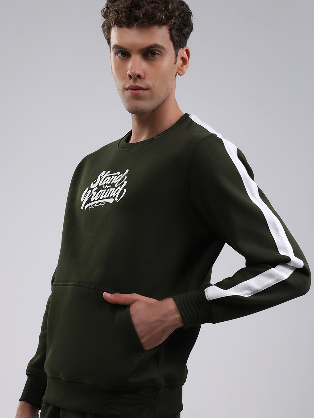 Rock.it Men Olive Printed Round Neck Full Sleeve Winter Tracksuit