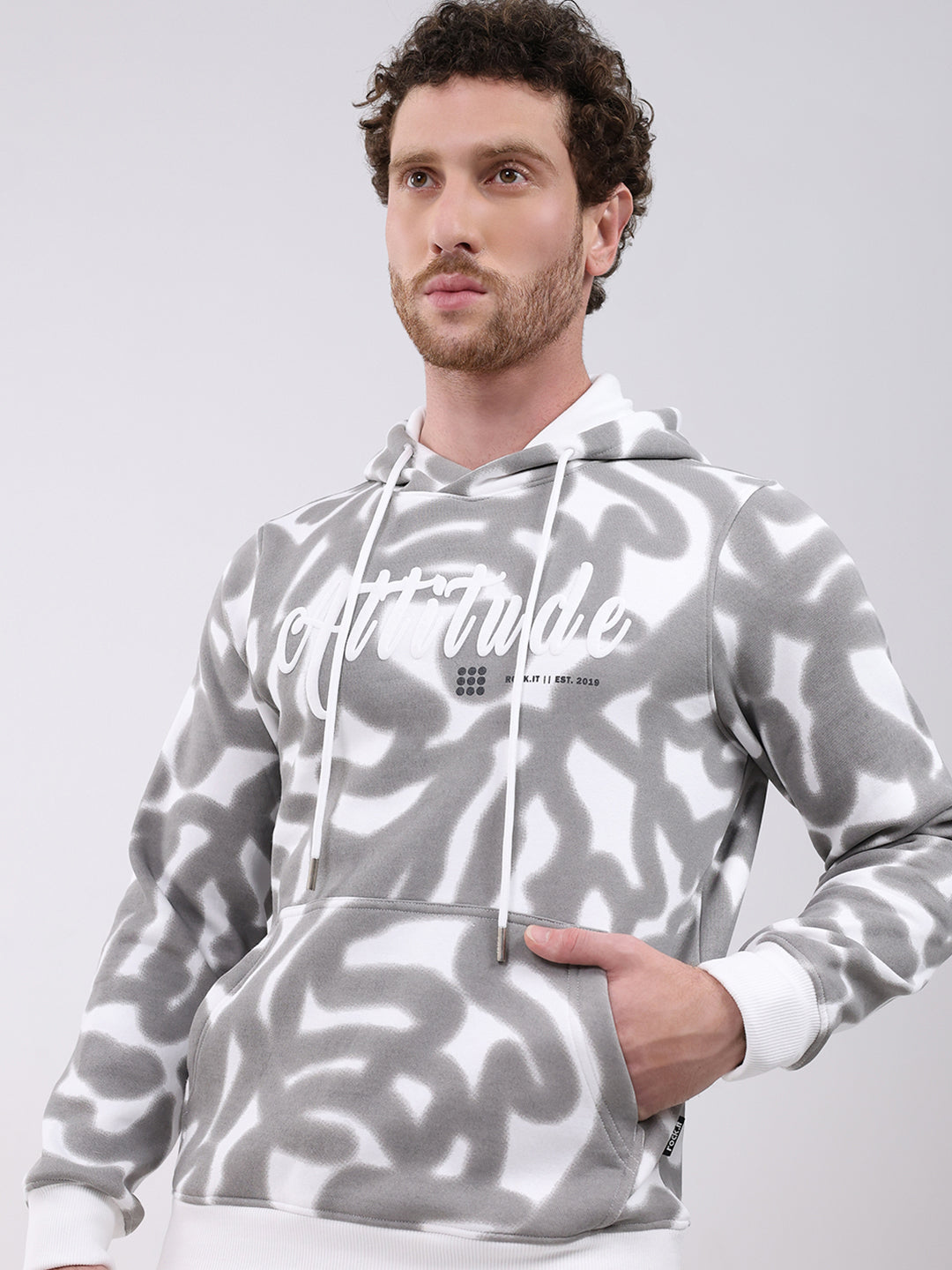 Rock.it Men White Printed Hooded Full Sleeve Winter Tracksuit