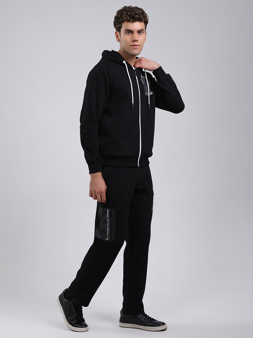 Rock.it Men Black Printed Round Neck Full Sleeve Winter Tracksuit