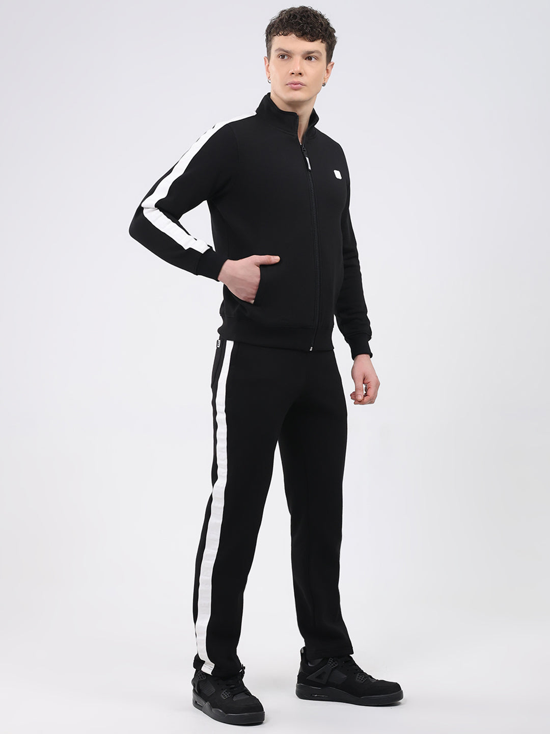 Rock.it Men Black Solid Round Neck Full Sleeve Winter Tracksuit