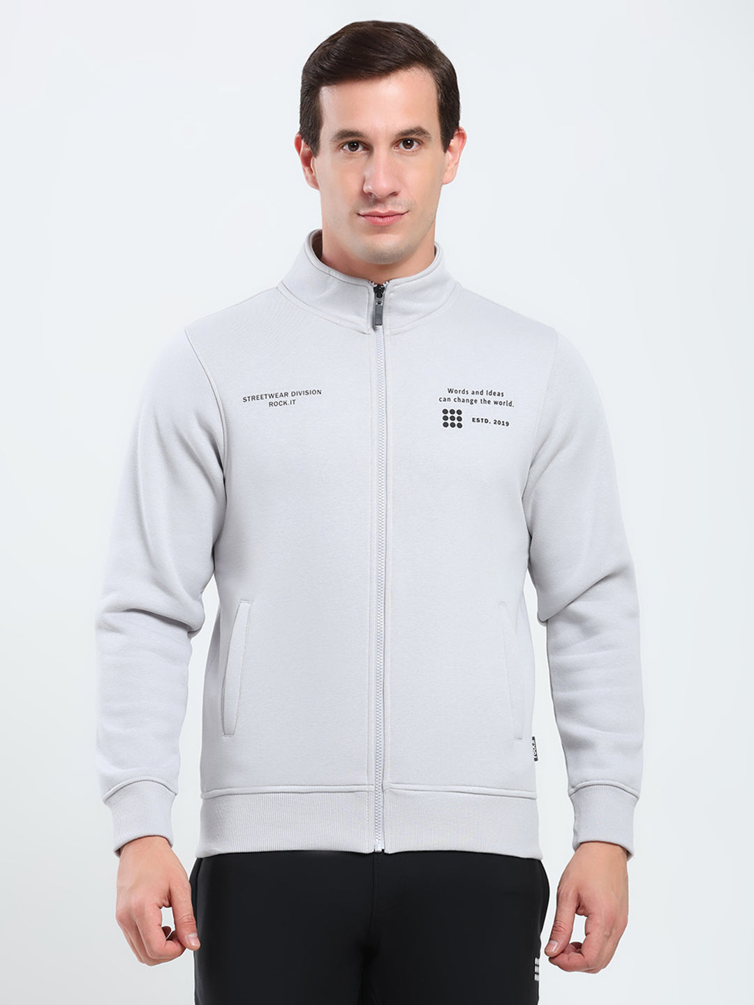Rock.it Men Grey Solid Mock Neck Full Sleeve Sweatshirt