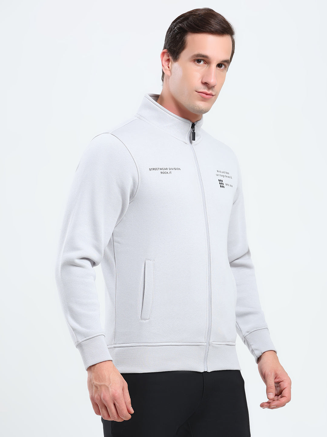 Rock.it Men Grey Solid Mock Neck Full Sleeve Sweatshirt