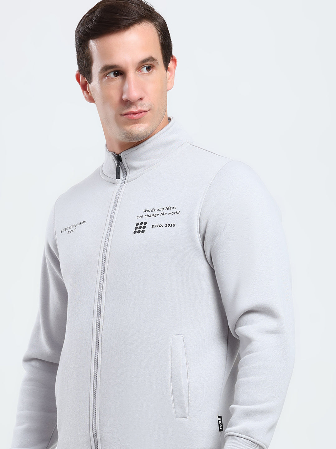 Rock.it Men Grey Solid Mock Neck Full Sleeve Sweatshirt