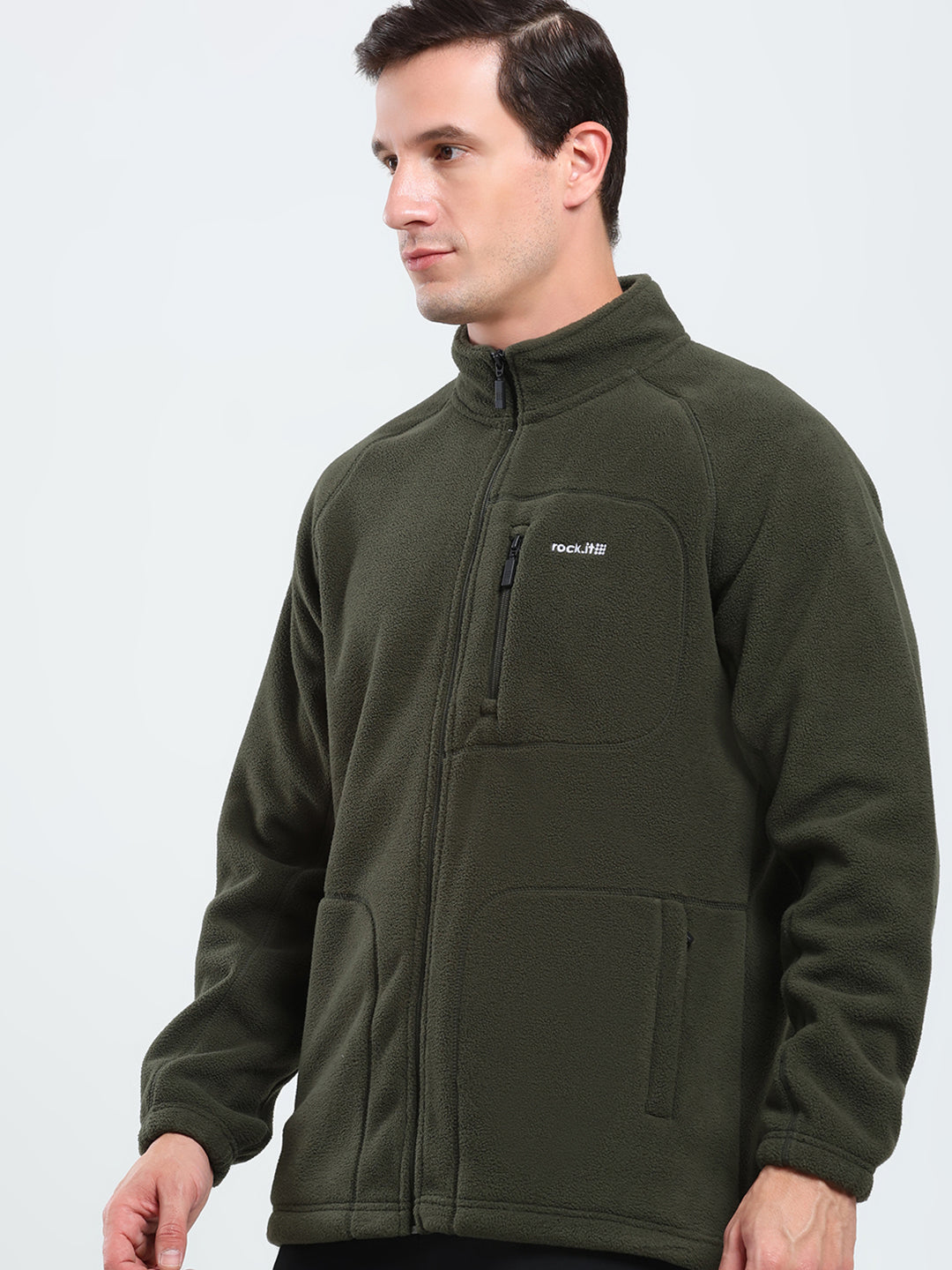 Rock.it Men Olive Solid Mock Neck Full Sleeve Sweatshirt