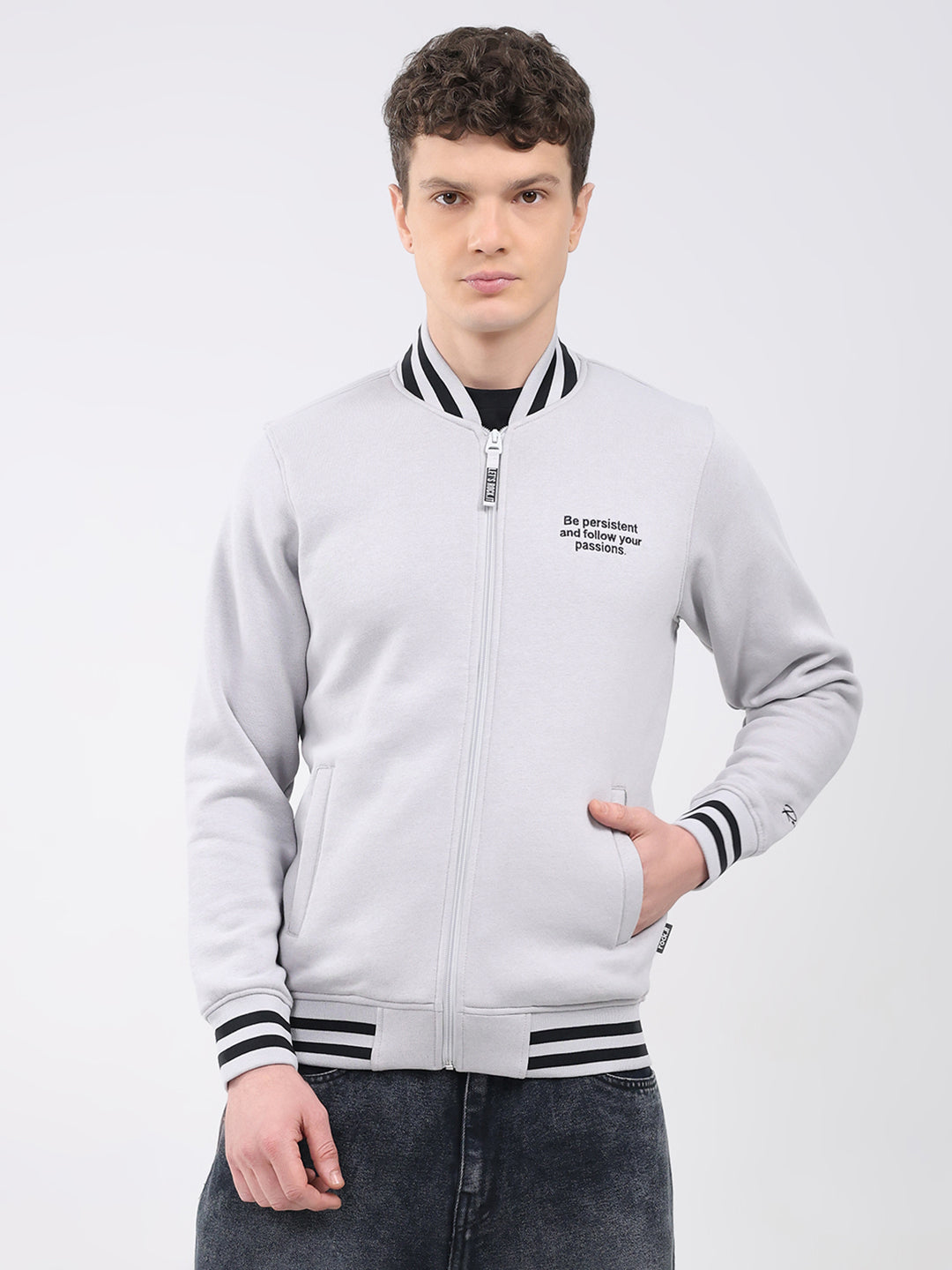Rock.it Men Grey Solid Band Neck Full Sleeve Sweatshirt