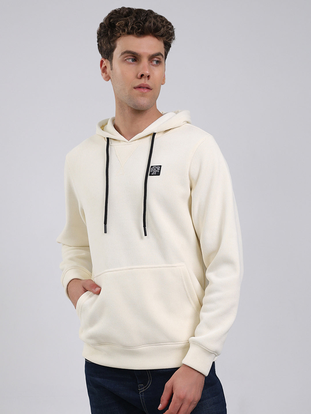 Rock.it Men Off White Solid Hooded Full Sleeve Sweatshirt