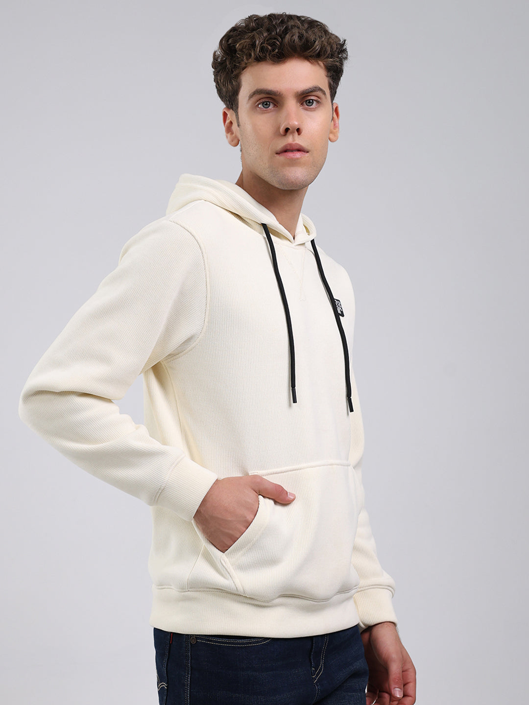Rock.it Men Off White Solid Hooded Full Sleeve Sweatshirt