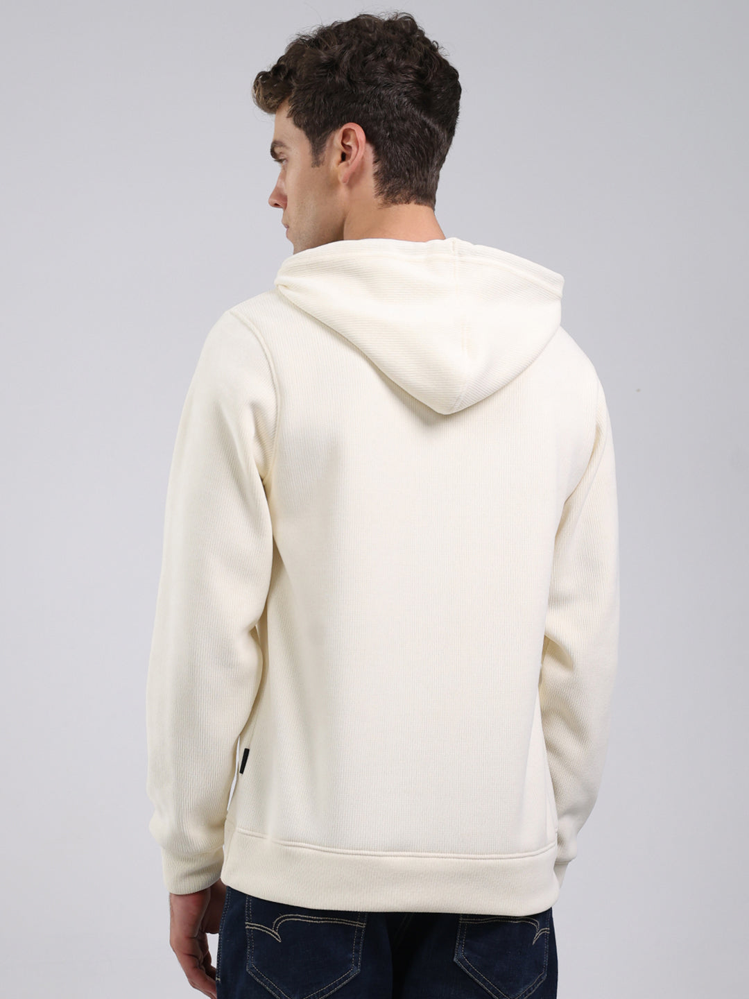 Rock.it Men Off White Solid Hooded Full Sleeve Sweatshirt