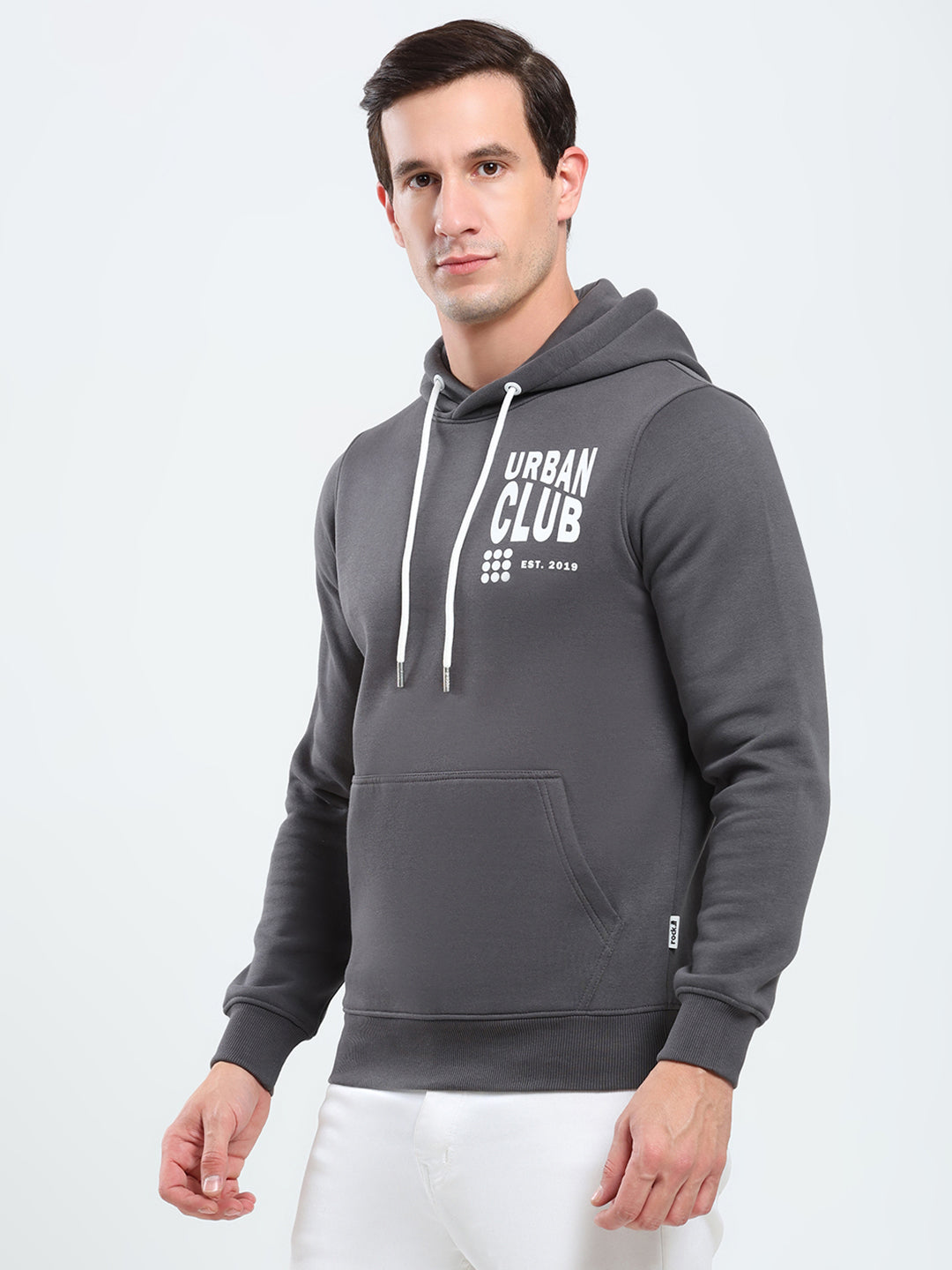 Rock.it Men Grey Printed Hooded Full Sleeve Sweatshirt