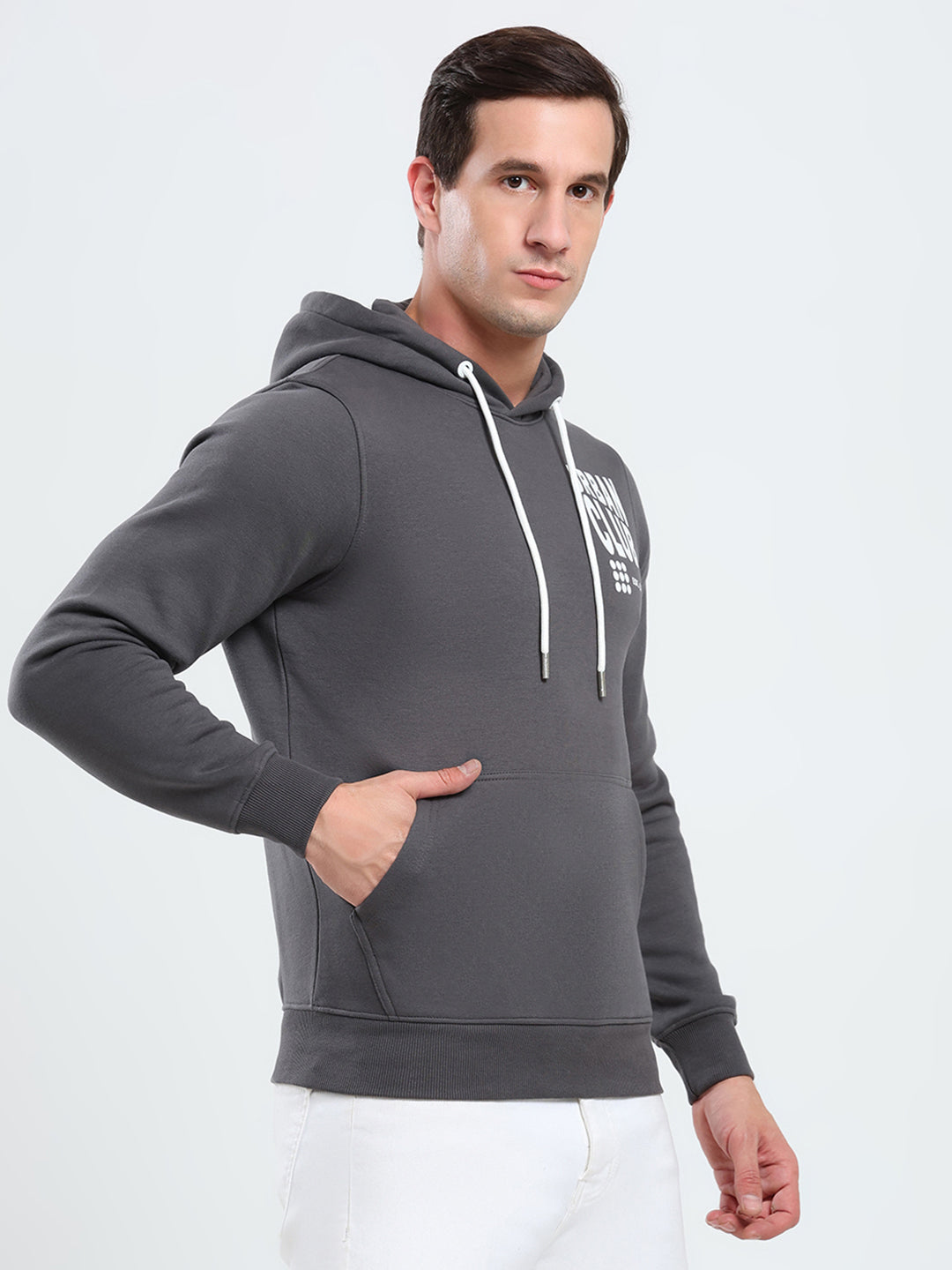 Rock.it Men Grey Printed Hooded Full Sleeve Sweatshirt