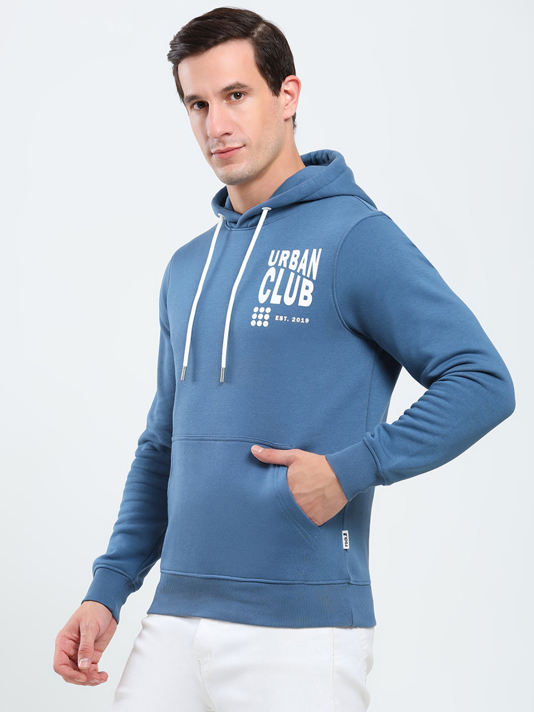 Rock.it Men Blue Printed Hooded Full Sleeve Sweatshirt