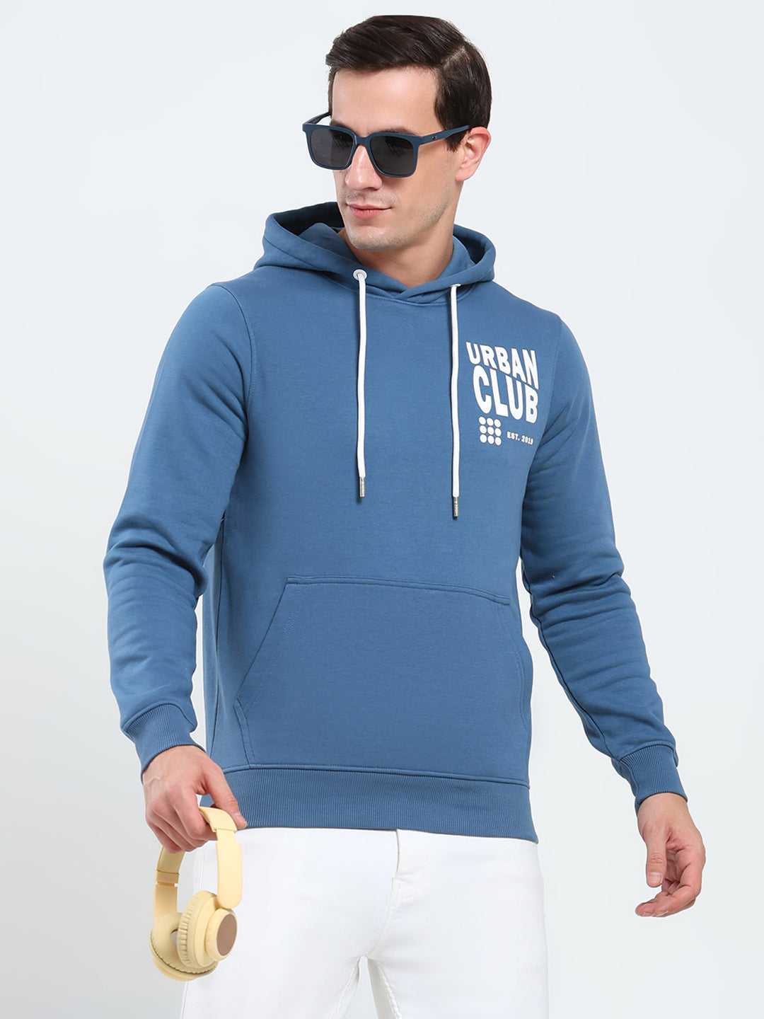Rock.it Men Blue Printed Hooded Full Sleeve Sweatshirt