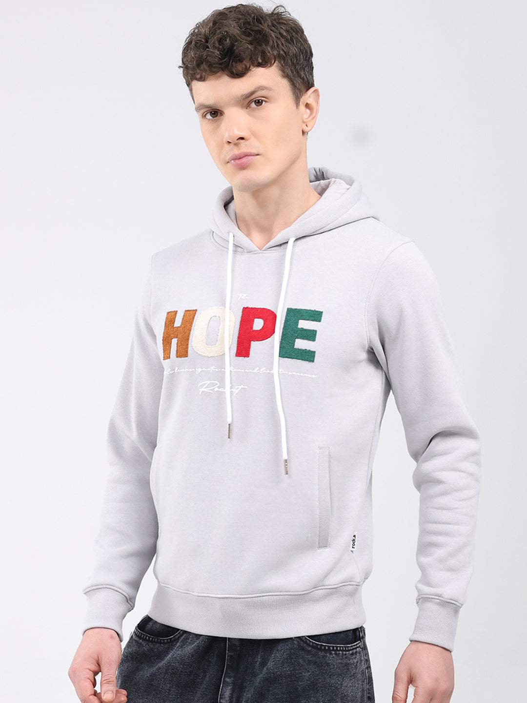 Rock.it Men Grey Embroidered Hooded Full Sleeve Sweatshirt