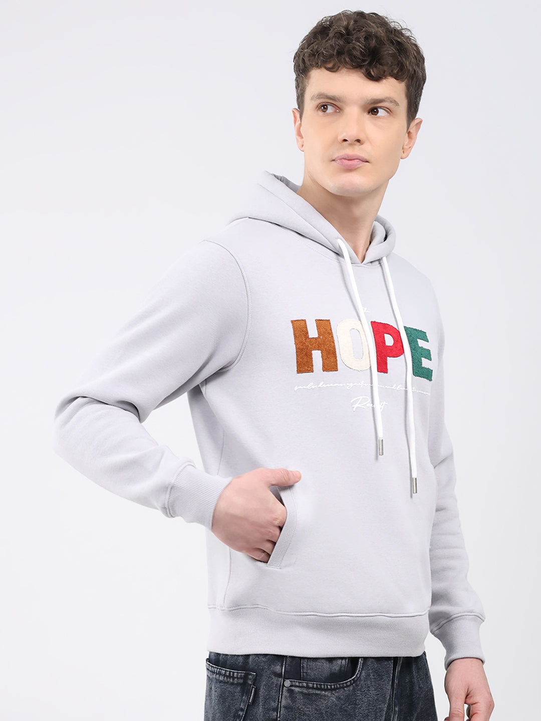 Rock.it Men Grey Embroidered Hooded Full Sleeve Sweatshirt