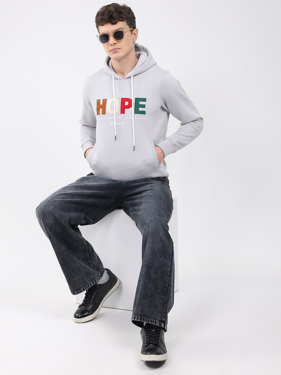 Rock.it Men Grey Embroidered Hooded Full Sleeve Sweatshirt