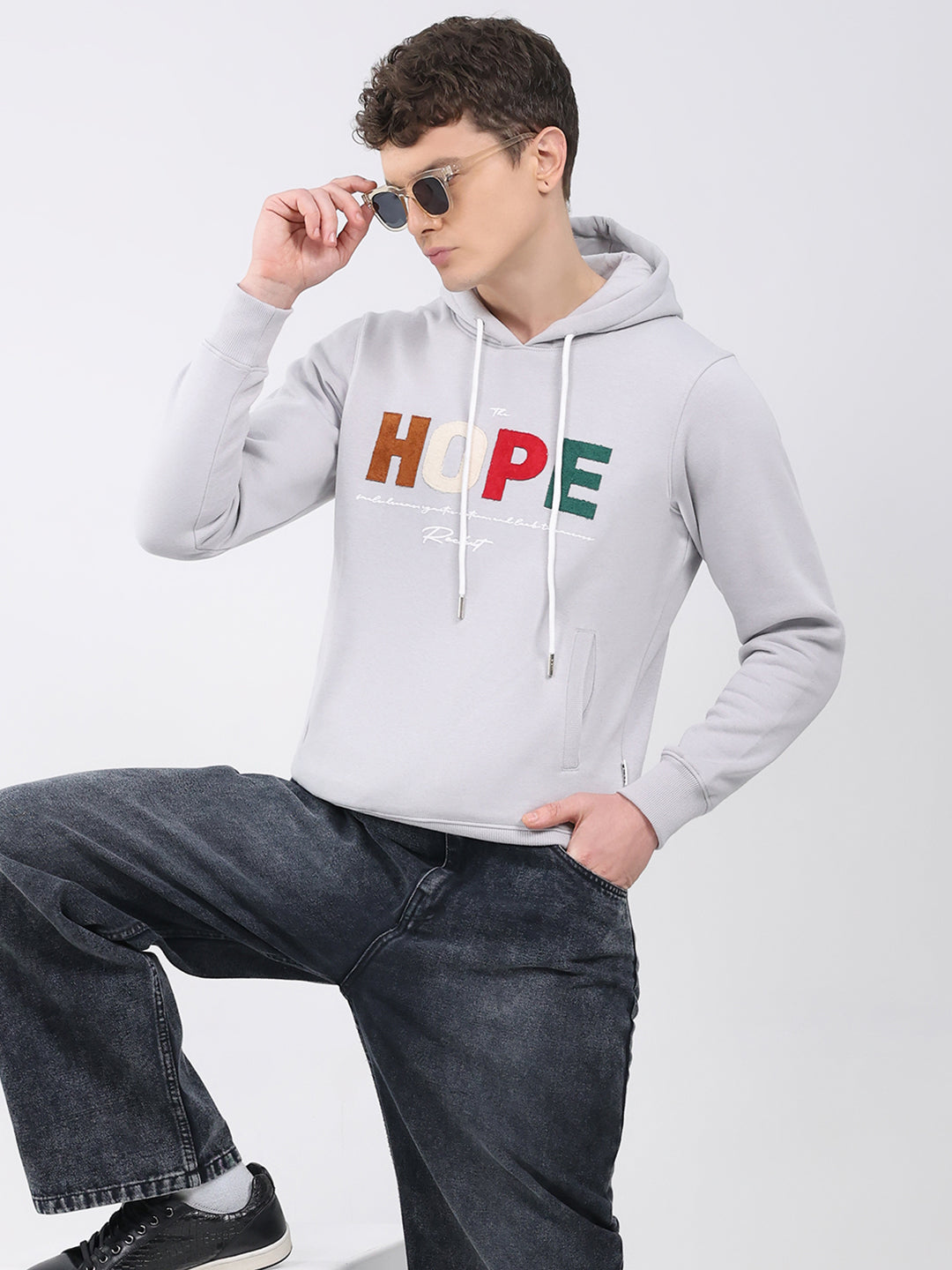 Rock.it Men Grey Embroidered Hooded Full Sleeve Sweatshirt