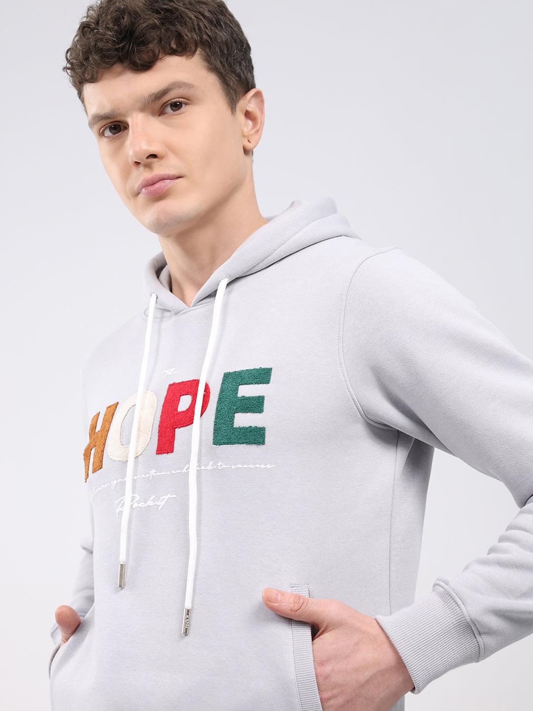 Rock.it Men Grey Embroidered Hooded Full Sleeve Sweatshirt