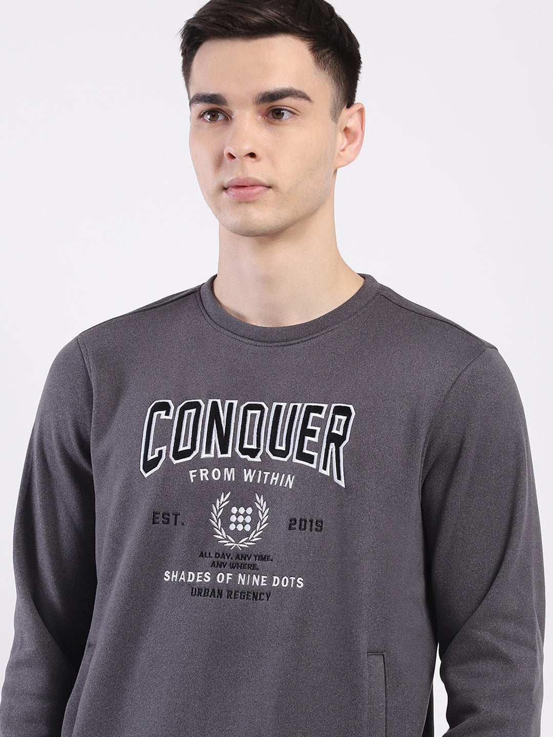 Rock.it Men Charcoal Printed Round Neck Full Sleeve Sweatshirt
