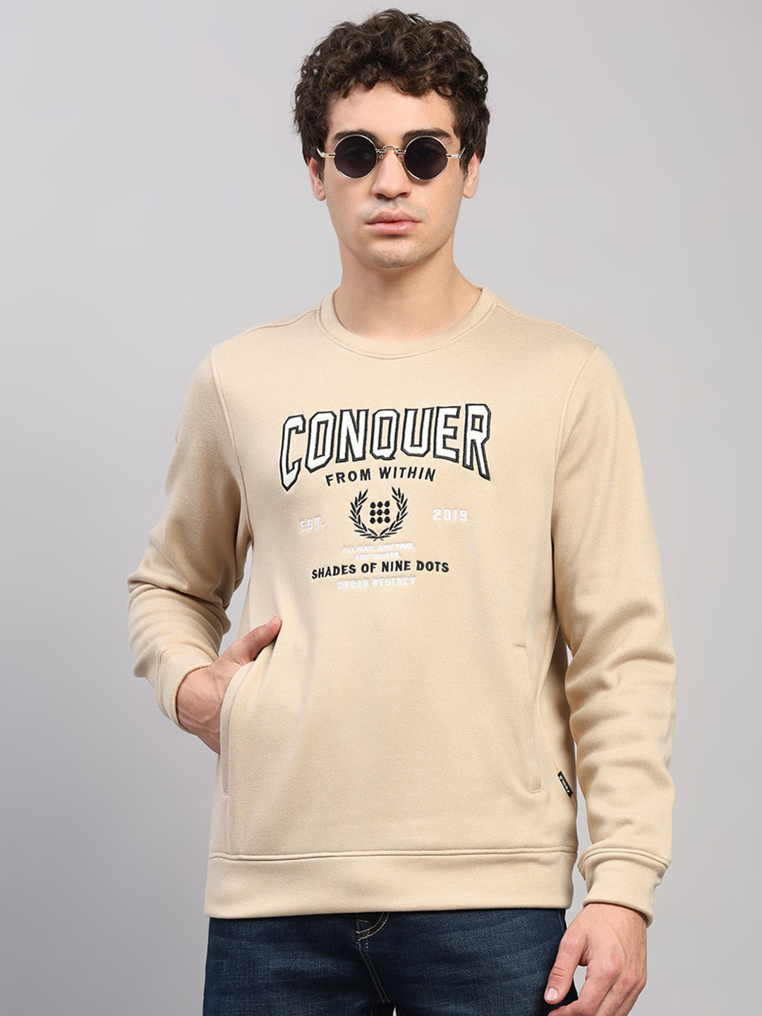 Rock.it Men Cream Embroidered Round Neck Full Sleeve Sweatshirt