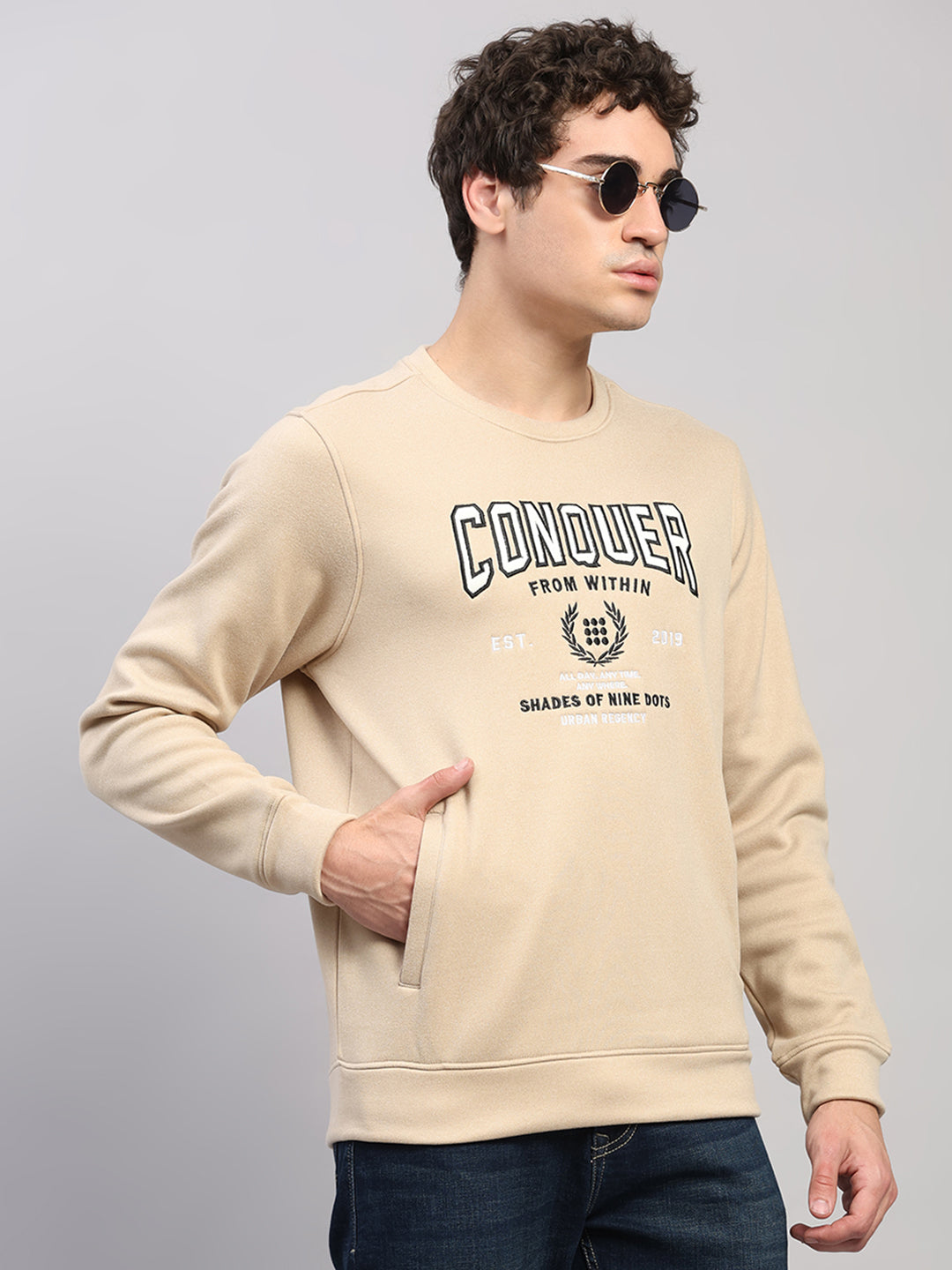 Rock.it Men Cream Embroidered Round Neck Full Sleeve Sweatshirt