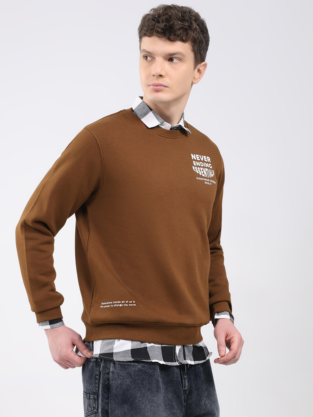 Rock.it Men Brown Printed Round Neck Full Sleeve Sweatshirt