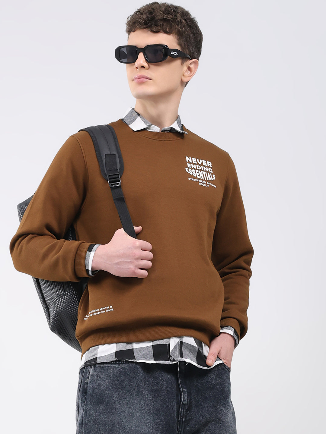 Rock.it Men Brown Printed Round Neck Full Sleeve Sweatshirt