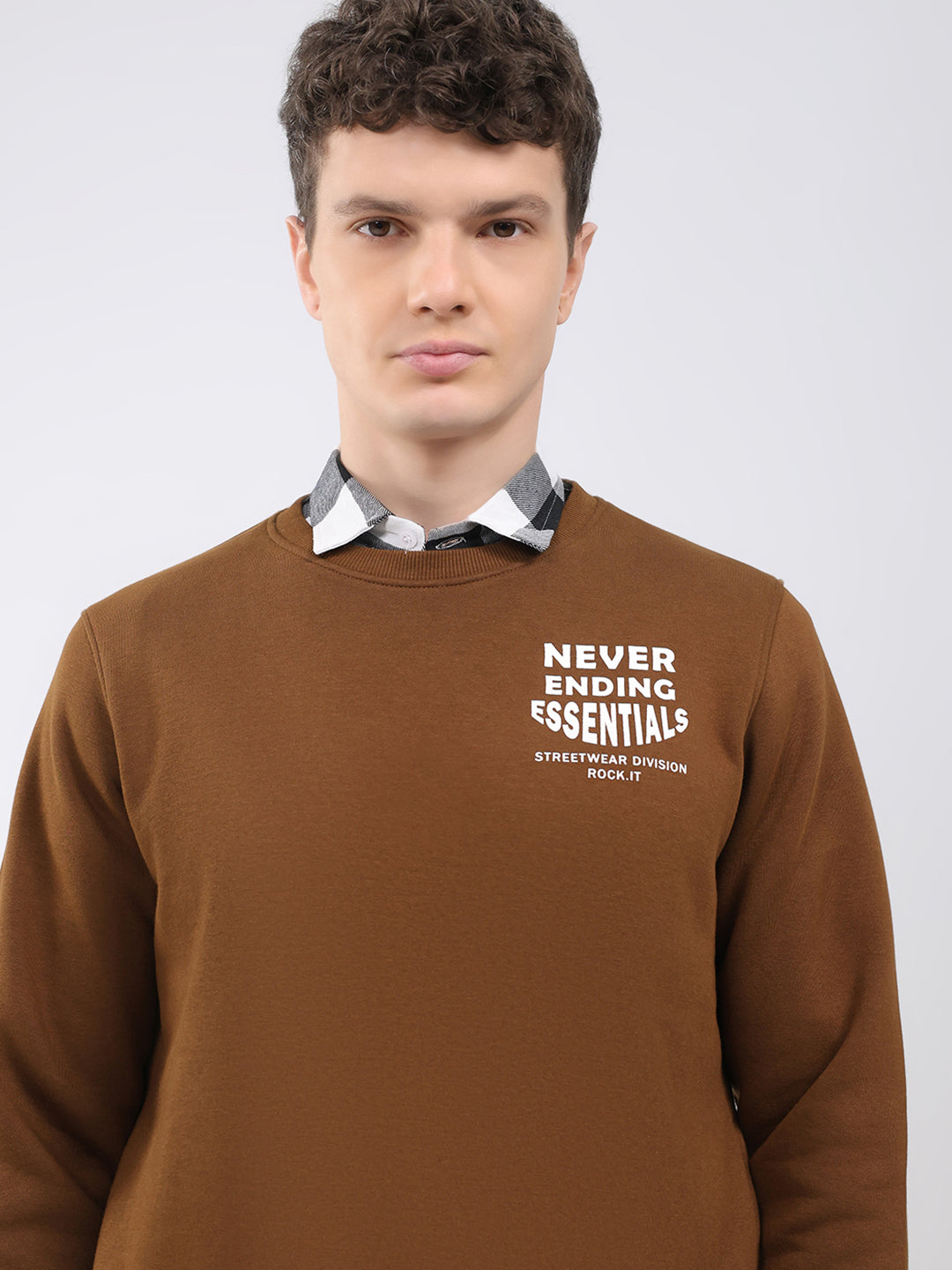 Rock.it Men Brown Printed Round Neck Full Sleeve Sweatshirt