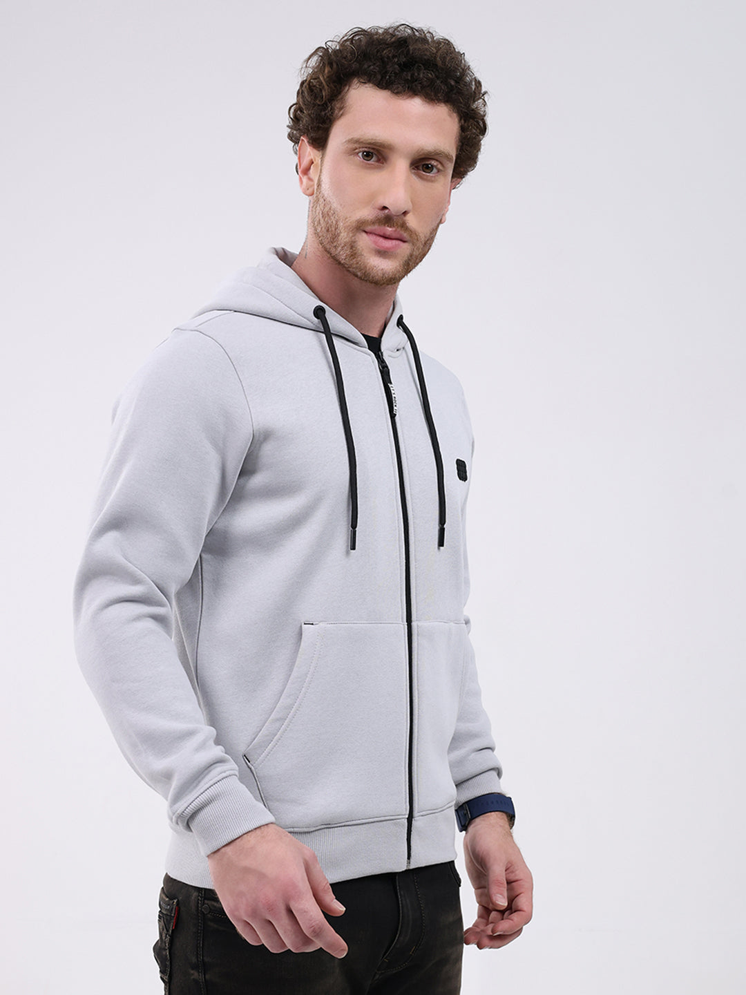 Rock.it Men Grey Solid Hooded Full Sleeve Sweatshirt