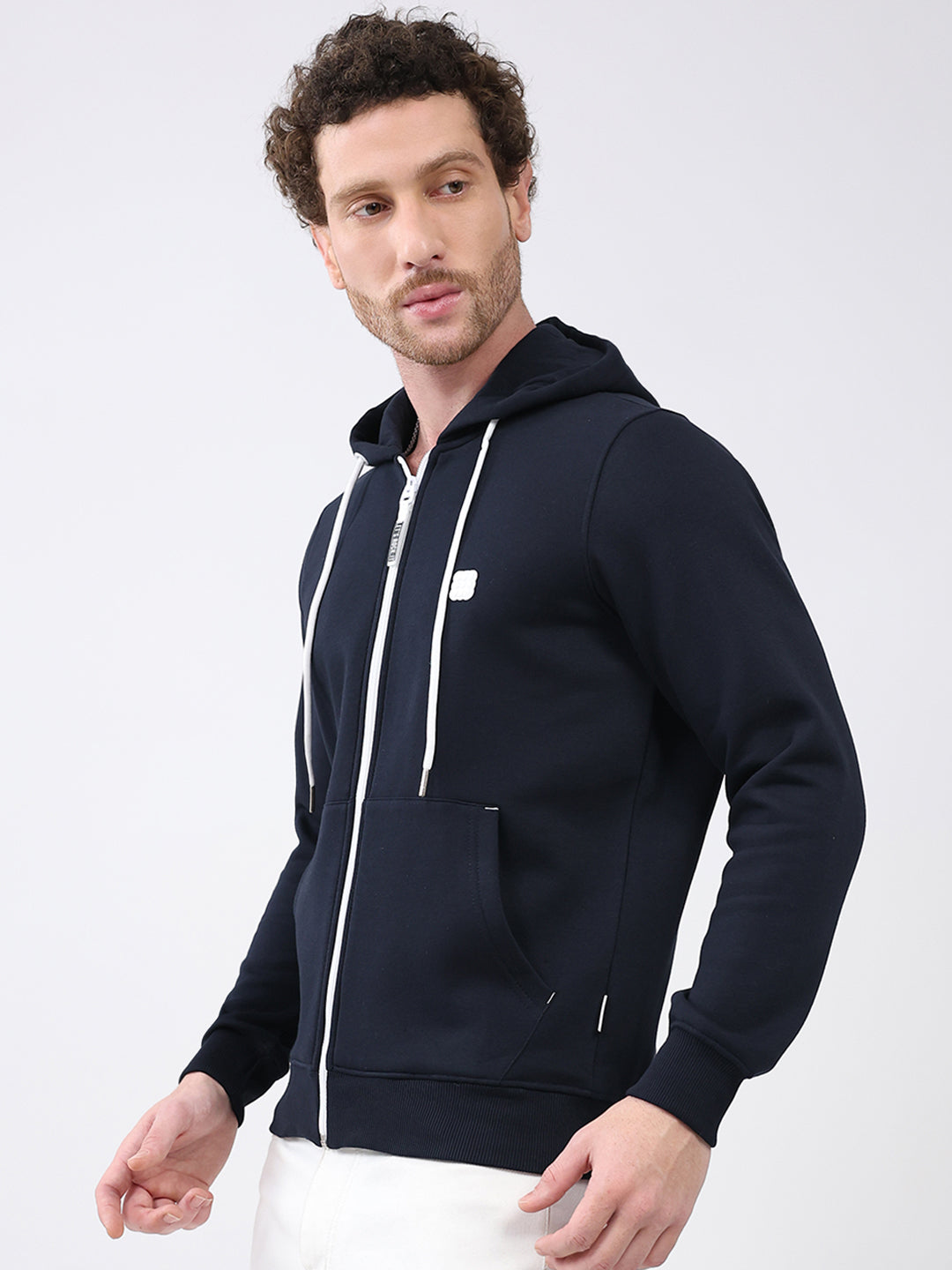 Rock.it Men Navy Blue Solid Hooded Full Sleeve Sweatshirt
