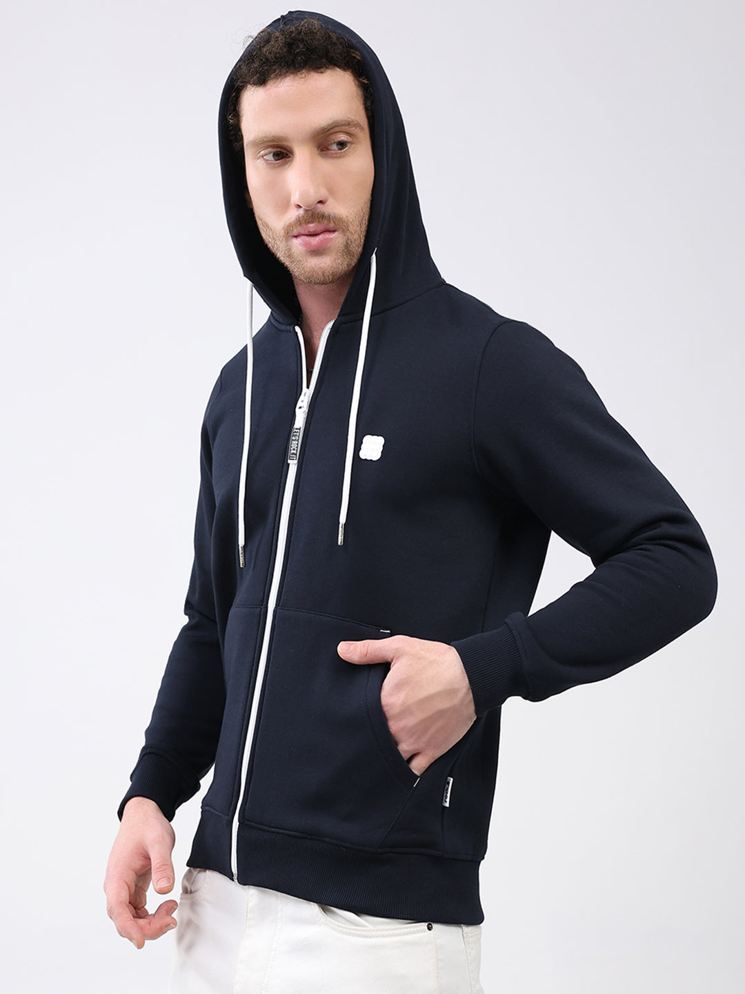 Rock.it Men Navy Blue Solid Hooded Full Sleeve Sweatshirt