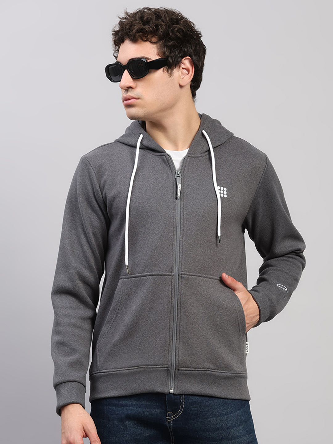 Rock.it Men Grey Solid Hooded Full Sleeve Sweatshirt
