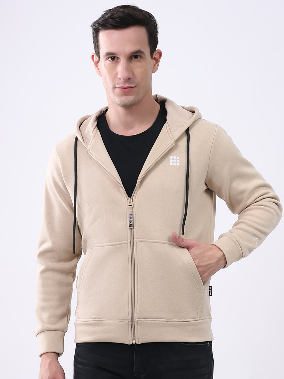 Rock.it Men Beige Solid Hooded Full Sleeve Sweatshirt