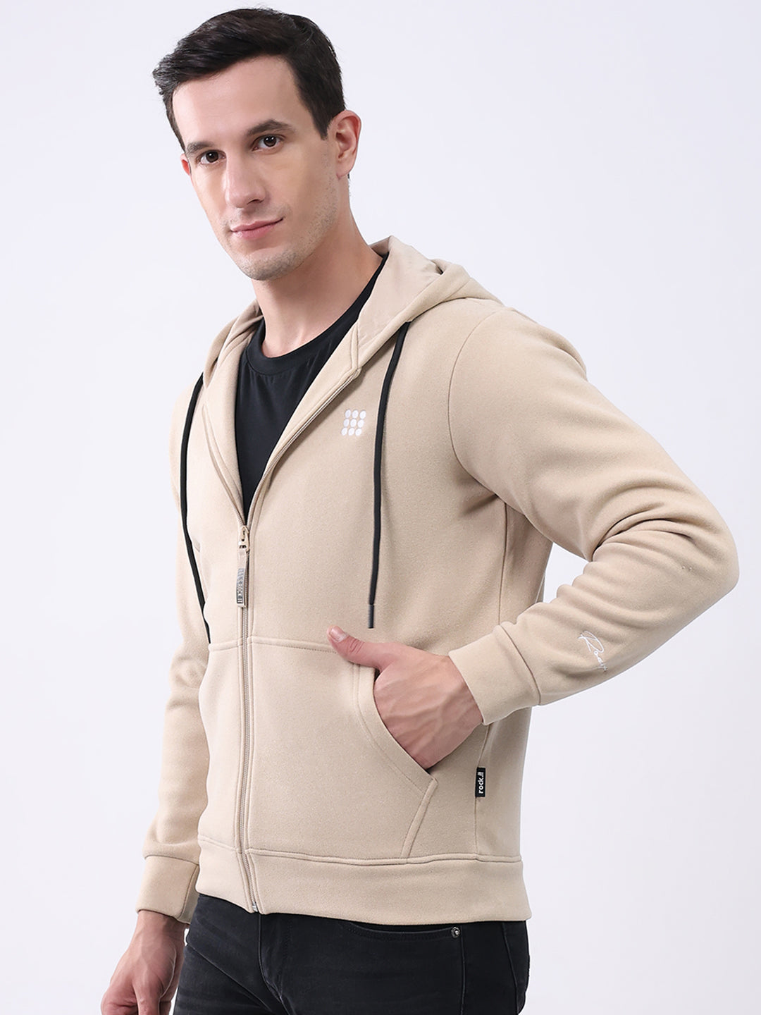 Rock.it Men Beige Solid Hooded Full Sleeve Sweatshirt